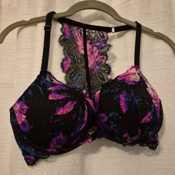 PINK Victoria's Secret 34DD Black Pink Floral Racerback Front Close Bra - Picture 1 of 5